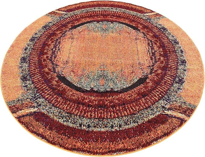 Unique Loom Estrella Collection Rustic, Distressed, Modern, Abstract Area Rug (6' 0 x 6' 0 Round, Orange/Black)