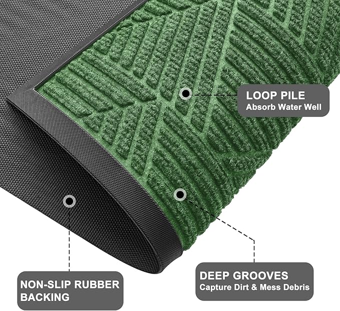 Kitinjoy Front Door Mat Outside Entrance, Sturdy Natural Dirt Trapper, Heavy Duty Rubber Doormat, Low Profile Non-Slip Backing, Easy Clean Floor Mat for Indoor Outdoor Entry, 47X32 Inch, Green