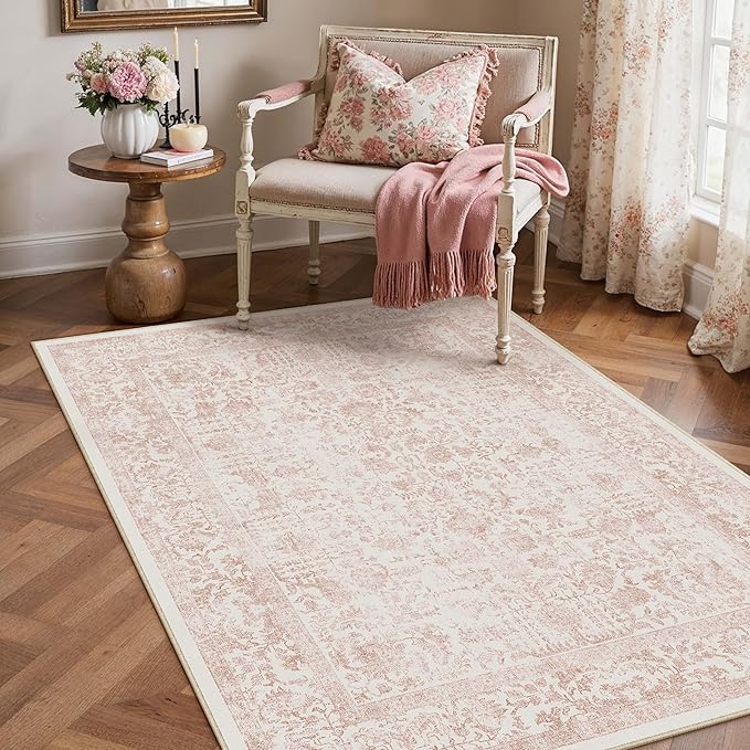 Pink Area Rug 3x4 Office Entryway Rug Machine Washable Kitchen Vintage Distressed Non Slip Carpet Indoor Retro Floral Accent Throw Door Mat for Bathroom Bedroom Dining Living Room