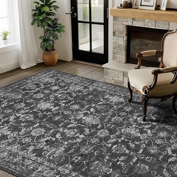 Washable Area Rug 4x6 Black Rugs for Living Room, Vintage Boho Large Rug for Bedroom Dining Room Office, Distressed Floral Print Carpet for Under Table, Soft Non Slip Low Pile Throw Carpet Indoor Mat