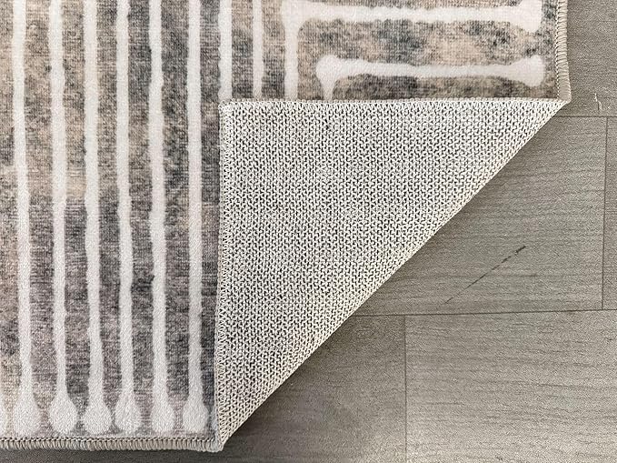 GLN Rugs Contemporary Collection - Machine Washable Area Rug, Contemporary Washable, Non Slip, Low Pile Chenille Rug, Living Room, Bedroom, Kitchen Rug (2'6" x 7' Lines Cream)