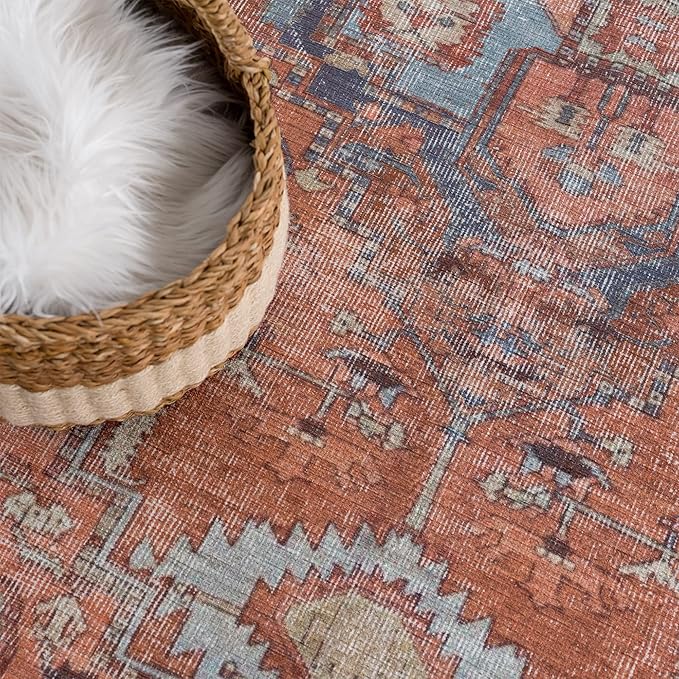 Bloom Rugs Washable 9' x 12' Rug - Terracotta/Blue Traditional Area Rug for Living Room, Bedroom, Dining Room, and Kitchen - Exact Size: 9' x 12'