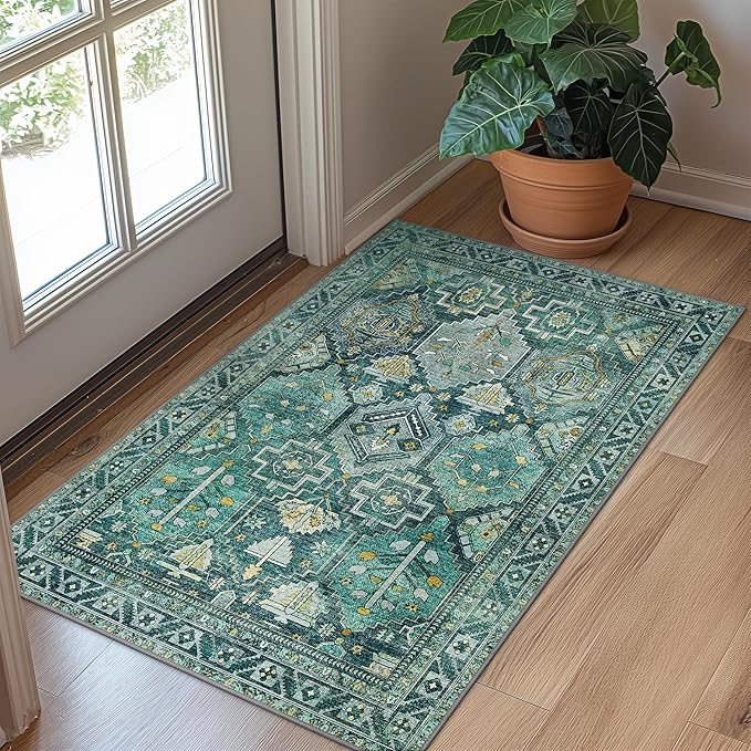 Bavni 2x3 Entryway Rug Bathroom Rugs for Front Door Bedroom Bathroom Kitchen, Washable Vintage Print Carpet, Ultra-Thin Chenille Lightweight Rug with Non Slip Backing, Dark Green