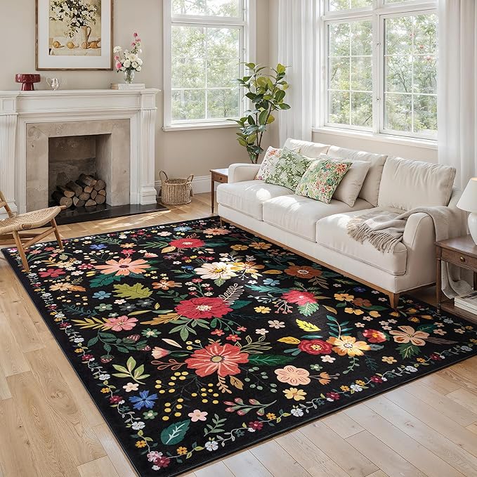 5x7 Washable Rug for Living Room, Floral Black Area Rug, Non Slip Low Pile Soft Flower Carpet, Large Rugs for Bedroom, Dining Room, Office, Kids Playroom, Nursery