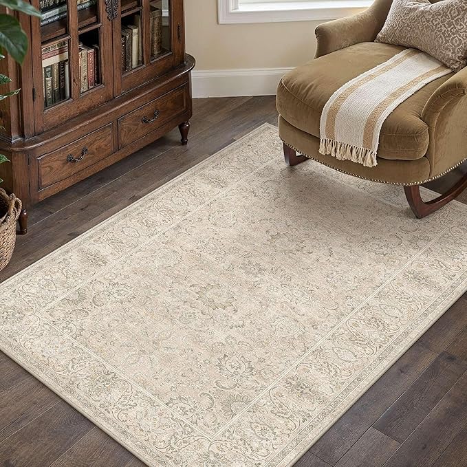 HUGEAR 3x5 Machine Washable Area Rugs Vintage Beige - Neutral Non Slip Stain Resistant Low Pile Aesthetic Throw Carpet Kids & Pet Friendly for Living Room Kitchen Dining Room Laundry