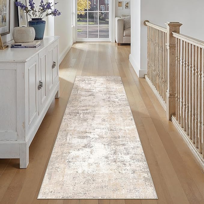 3x7 Washable Runner Rug Beige Grey Abstract Hallway Kitchen Throw Rug Neutral Modern Non Slip Soft Low Pile Carpet for Bathroom Laundry Bedroom Living Room