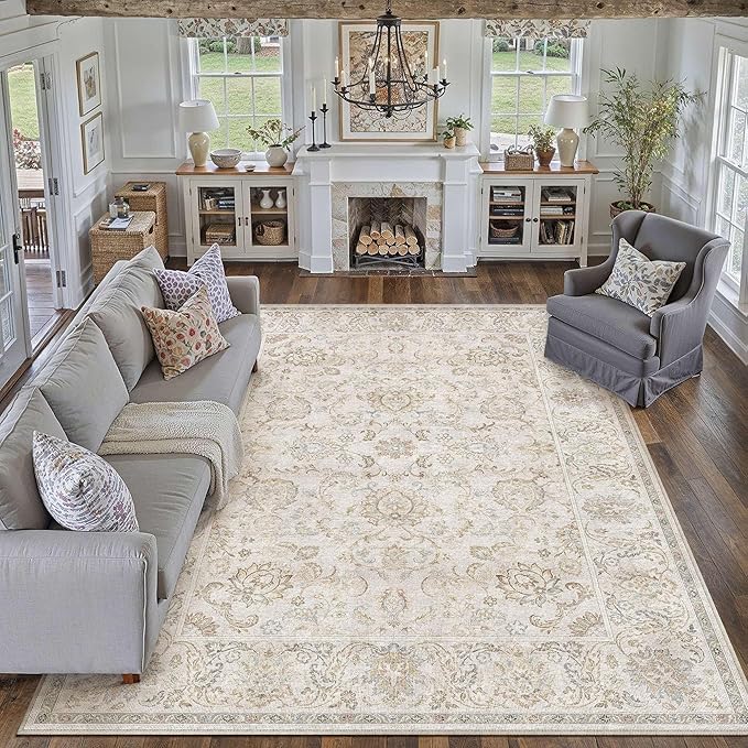 HUGEAR 6x9 Machine Washable Area Rugs Vintage Grey - Neutral Living Room Bedroom Rug Non Slip Stain Resistant Low Pile Aesthetic Throw Carpet Kids & Pet Friendly