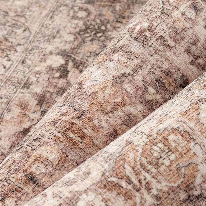 8x10 Rust Brown Washable Area Rug for Living Room Bedroom Neutral Soft Non Slip Rug Low Pile Vintage Distressed Carpet for Dining Room Nursery Office