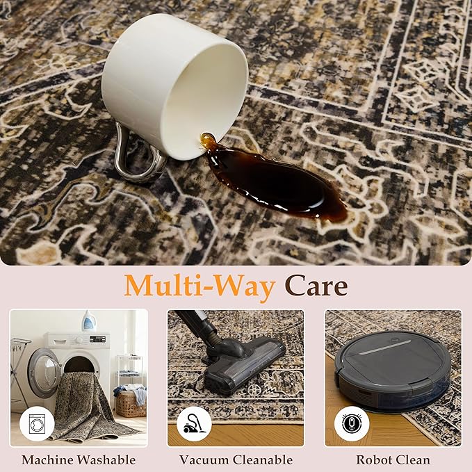 4x6 Washable Area Rug for Living Room, Carpet for Bedroom, Soft Faux Wool Retro Dining Room Rug, Non Slip&Non-Shedding Resistant Low Pile Vintage Print Rug for Home Office (Brown1)
