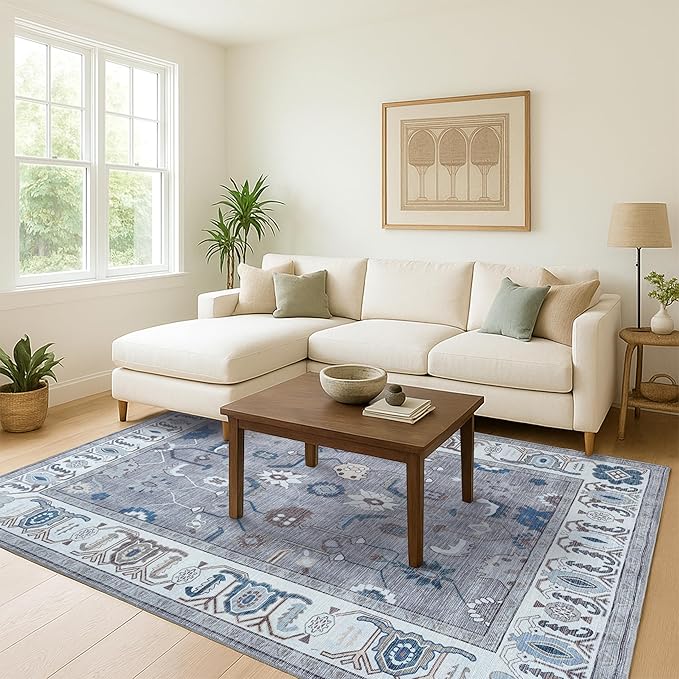 Fame Living Grey Oushak Runner Rug, Modern Runners, Vintage, Turkish, Eclectic, Floral, Pastel, Washable, Long Runner Rugs for Hallway, Kitchen, Living Room, Bedroom, Kitchen, Bathroom, 2'5"x13'