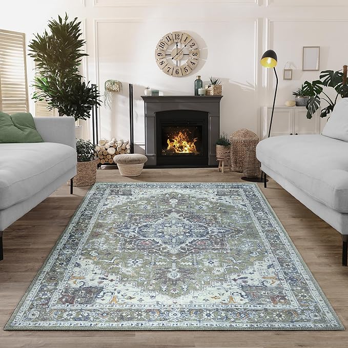 Bloom Rugs Washable Non-Slip 8' x 10' Rug - Green/Blue Traditional Medallion Area Rug for Living Room, Bedroom, Dining Room, and Kitchen - Exact Size: 8' x 10'