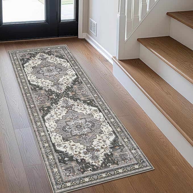 GENIMO 2X7 Hallway Runner Rug, Machine Washable Non Slip Vintage Floral Patchwork Runners, Thin Low Pile Chenille Carpet Runners for Entryway, Kitchen, Bathroom, Bedroom, Slate Gray