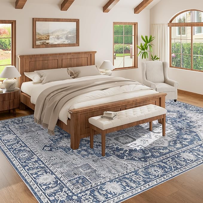 DUKINO 9x12 Rugs for Living Room, Soft Non-Slip Washable Area Rugs, Faux Wool Bedroom Rug with Non-Shedding, Indoor Low-Pile Boho Rugs for Dining Room, Home Office, Blue