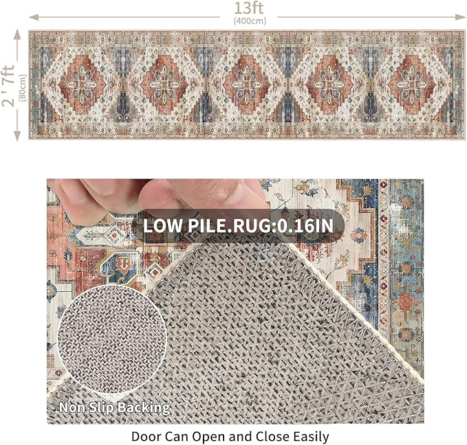 Enkor Runner Rugs for Hallway, 2.6x13 Washable Soft Non Slip Floor Rugs for Kitchen, Modern Mat for Living Room Bedroom Entryway Beige & Red