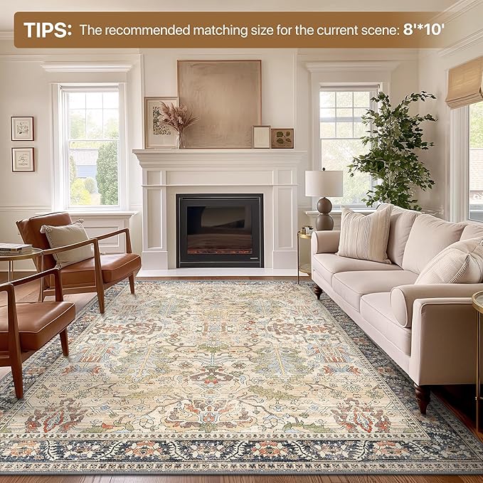 Clearance 10x14 Area Rugs for Living Room, Boho Machine Washable Rugs Non-Slip, Extra Lage Vintage Rugs for Bedroom Dinning Room, Morden Vintage Floral Farmhouse Cottage Carpet, Ivory/Teal