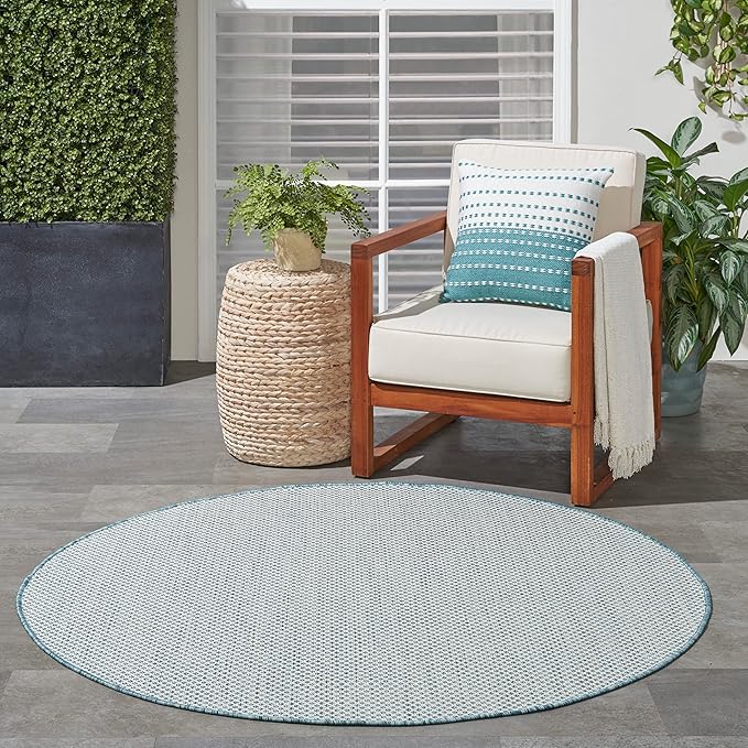 Nourison Home Courtyard Ivory Aqua 5' x Round Area Rug - Easy Clean, Non Shedding, Bed Room, Living Room, Dining Room, Kitchen (5' x Round)