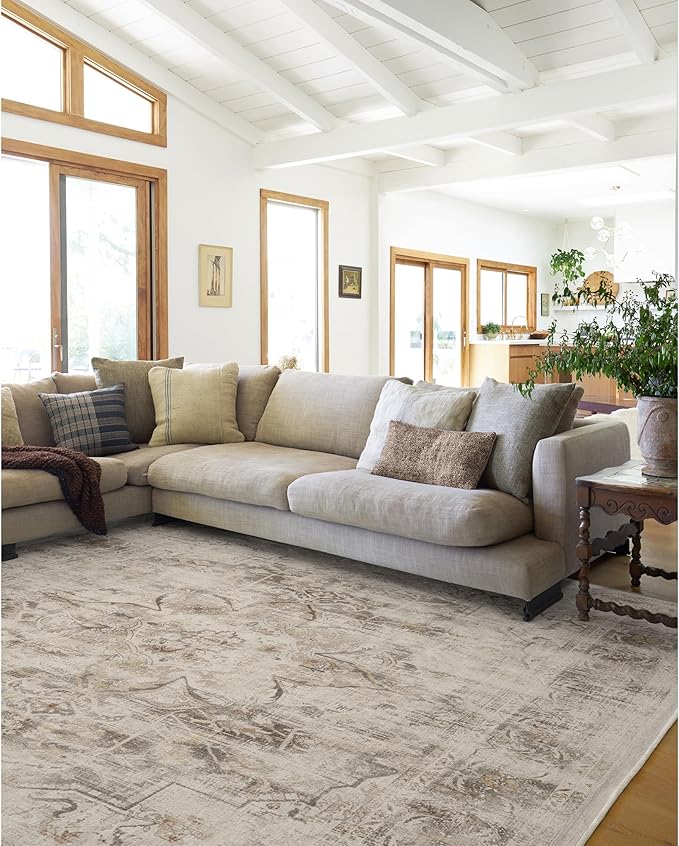 RUGGABLE Washable Vintage Area Rug – Sarrah Hazel 9x12, Stain-Resistant, Non-Slip – Large Machine Washable Rugs for Living Room, Bedroom, Hallway, Entryway & Office–with Cushioned Pad