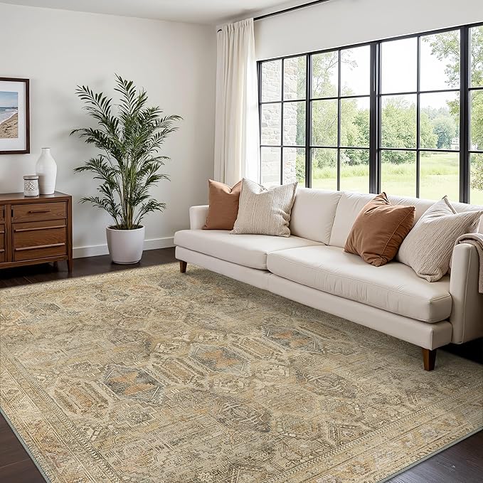 Bavni Washable Rug 5x7 Area Rug for Living Room Bedroom Dining, Washable Vintage Print Carpet, Ultra-Thin Chenille Low Pile Lightweight Rug with Non Slip Backing, Wood