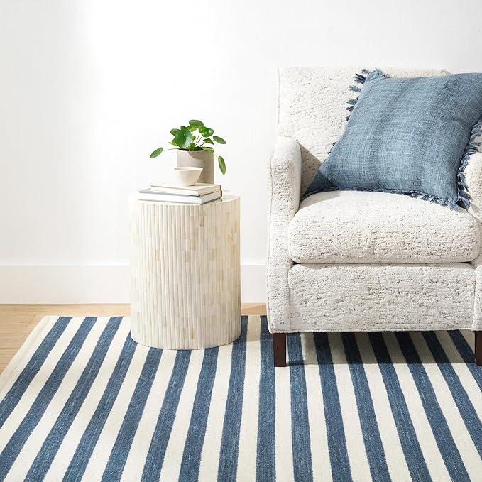 Home Conservatory Ladder Stripe Navy/Ivory Handwoven Wool 4 X 6 Feet, Blue/Ivory Stripe Pattern