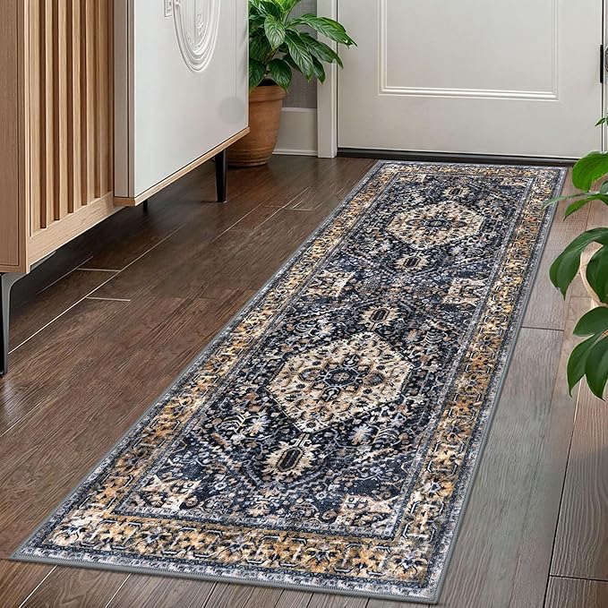 KOZYFLY Runners for Hallways 2x5 Ft Washable Kitchen Runner Rug Boho Runner Rug for Entryway Indoor Gold Navy Printed Oriental Faux Wool Floor Carpet Runner for Laundry Room Kitchen Hall