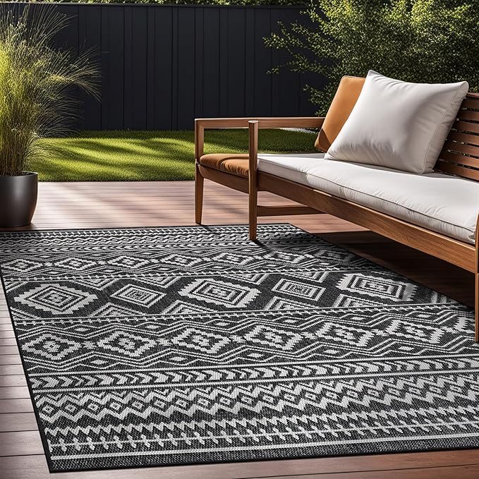 Beverly Rug Waikiki Boho Indoor Outdoor Rug 10x14, Washable Outside Carpet for Patio, Deck, Porch, Bohemian Area Rug, Farmhouse Rugs, Aztec Tribal Rug, Black and White