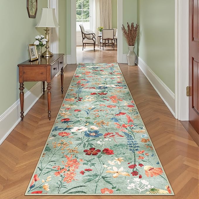 Floral Runner Rug 3x10 Washable Hallway Long Green Bedroom Carpet Non Slip Indoor Boho Kitchen Low Pile Accent Rug Lightweight Soft for Bathroom Dining Laundry Living Room
