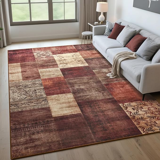 Tepook Modern Area Rug for Living Room, 6x9 Geometric Large Rugs for Bedroom, Washable Patchwork Rug Indoor Non-Slip Throw Carpets for Dining Room Office Farmhouse Home Decor, Red