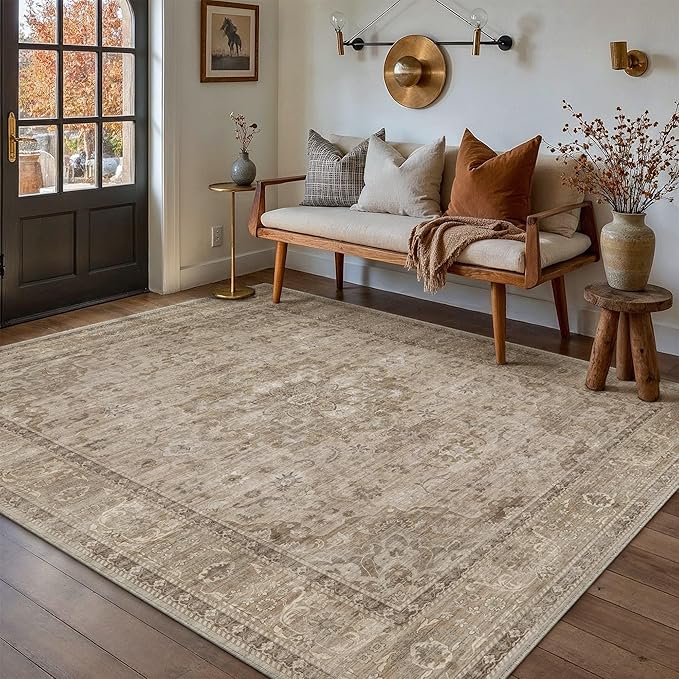 HUGEAR Washable 5x7 Area Rugs Retro Brown Living Room Bedroom Rug Vintage Distressed Non Slip Stain Resistant Low Pile Neutral Throw Carpet for Home Decor