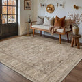 HUGEAR Washable 5x7 Area Rugs Retro Brown Living Room Bedroom Rug Vintage Distressed Non Slip Stain Resistant Low Pile Neutral Throw Carpet for Home Decor