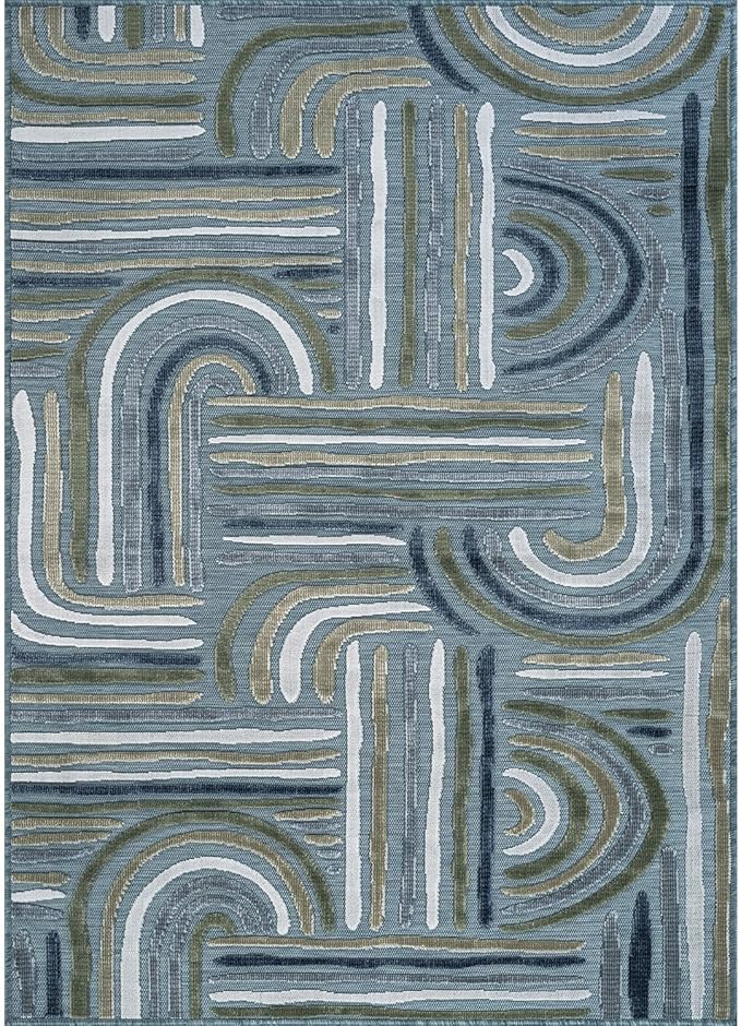 CAMILSON Indoor Outdoor Rug, Aqua 6x9 Geometric Arch Striped Area Rugs for Patio and Home Areas, Easy-Cleaning Non-Shedding Living Room, Garden and Deck Washable Outside Carpet (6 x 9)