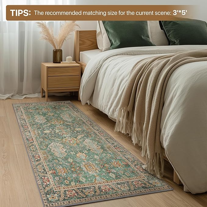 2x5 Hallway Runner Rugs Non Slip Washable Runner for Entryway Bathroom Kitchen Bedroom, Boho Green Runner, Thin Low Pile Chenille Carpet with Rubber Backing, Dark Sage/Gold