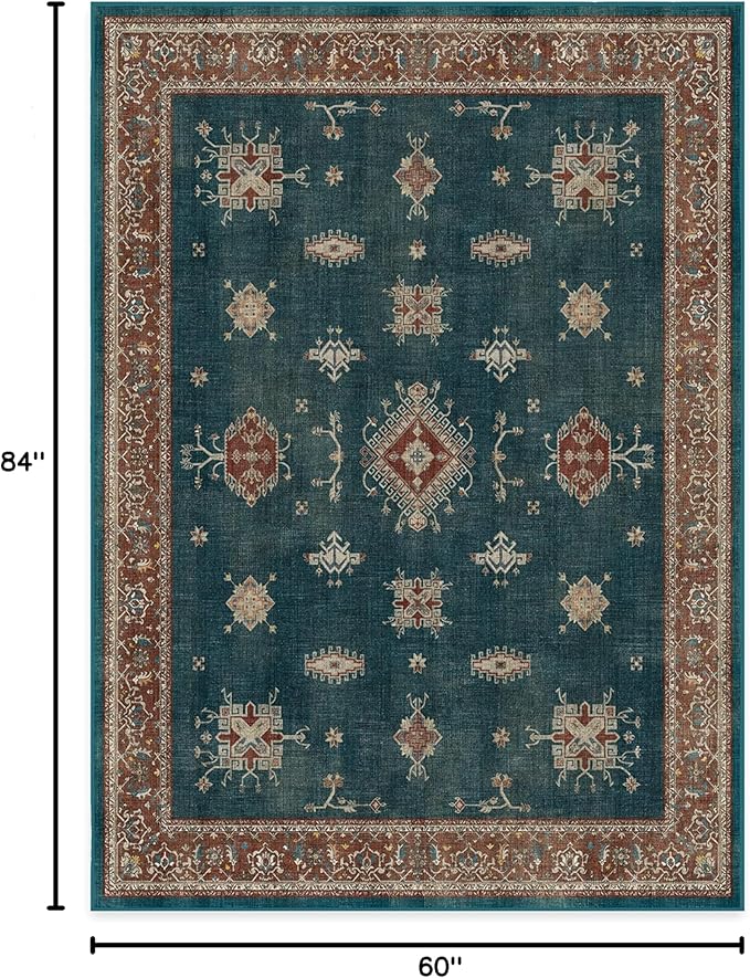 RUGGABLE Washable Vintage Area Rug – Verena Teal Blue 5x7, Stain-Resistant, Non-Slip – Medium Machine Washable Rugs for Living Room, Bedroom, Hallway, Entryway & Office–with Cushioned Pad
