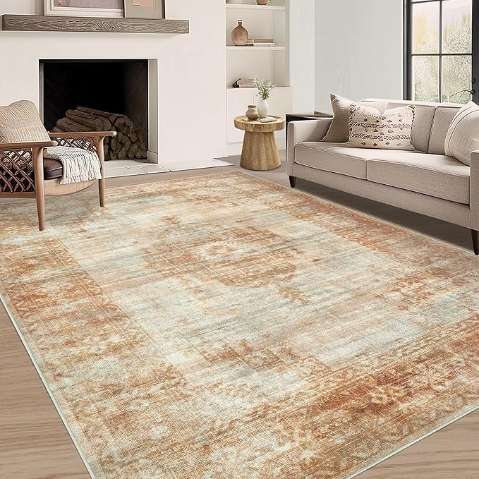 Vintage Living Room Area Rug - 6x9 Large Machine Washable Boho Moroccan Rug Distressed Farmhouse Rugs for Bedroom - Soft Non-Slip Indoor Carpet for Dining Room Office Nursery (Brown, 6'x9')