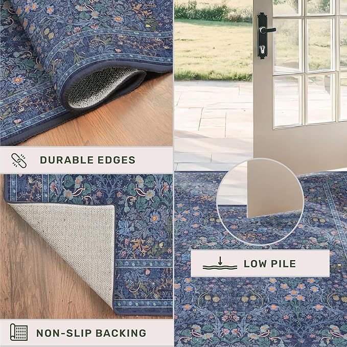 Dark Blue 2x8 Kitchen Rugs - Machine Washable Hallway Runner Non Slip, Floral Pattern Indoor Floor Mats for Entryway, Oriental Design Home Décor