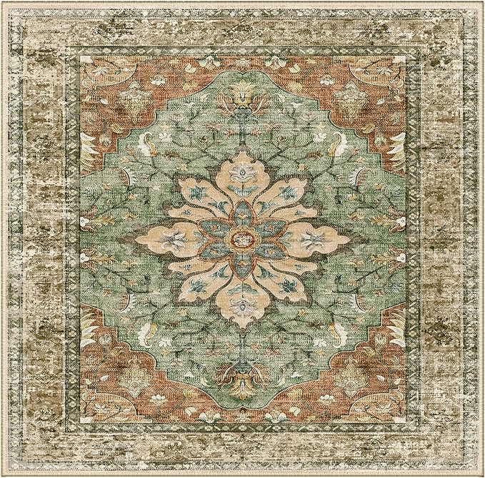 Area Rugs Square 4ft Washable Non-Slip, Floral Vintage Distress Print Pattern Medallion Carpet for Living Room Bedroom Dining Room, Brick Red Rust Neutral Brown Burnt Orange Green