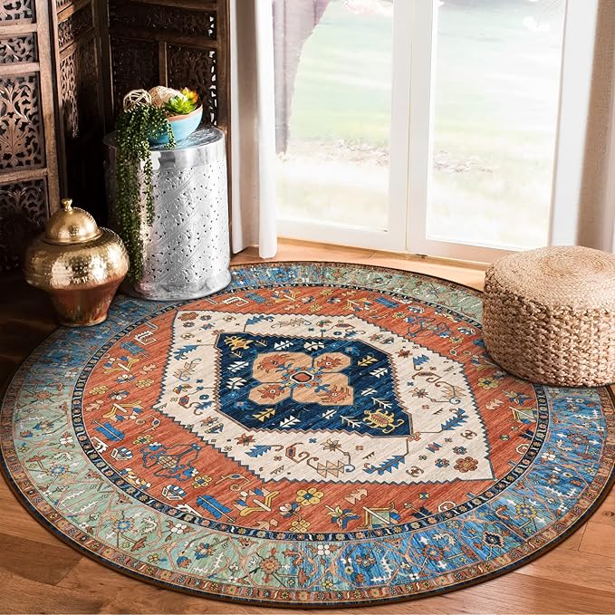 Lahome Boho Washable 3Ft Round Area Rug, Non-Slip Throw Untra-Thin Small Round Carpet, Oriental Vintage Distressed Circle Rug for Bathroom Bedroom Kitchen Office Sofa, 3x3/Rust