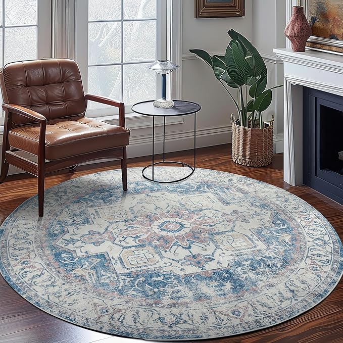 jinchan Kelda Round Rug 7ft Washable Area Rug Indoor Vintage Bedroom Floor Cover Distressed Circle Mat 7' Round Lightweight Non Slip Low Pile Thin Farmhouse Carpet for Living Room Navy Blue