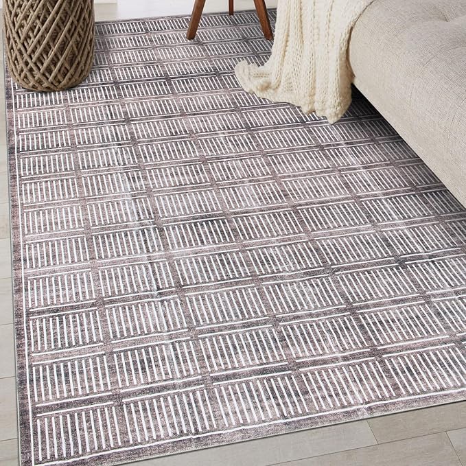 Rugshop Bohemian Stripe Lines Washable Non Slip Area Rug 3' x 5' Brown