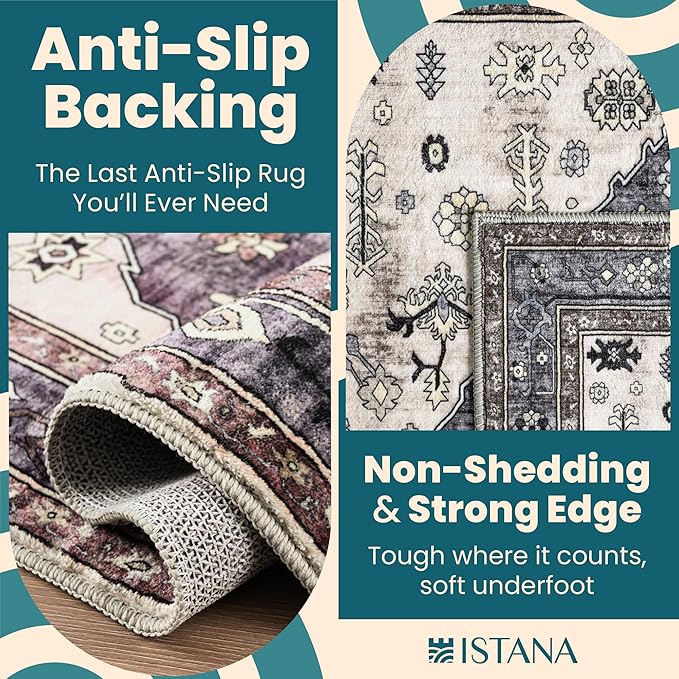 Istana Area Rugs 9x12 - Dark Grey Blue/Rose Mauve Rugs for Bedroom - Foldable Big Rugs for Bedroom - Stain Resistant Rug 9x12 Area Rug - 9X 12 Area Rugs - Washable Area Rug - Beige Rug