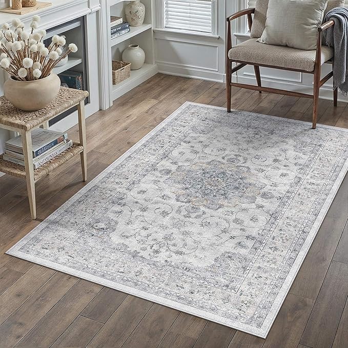 HUGEAR Machine Washable Area Rugs 3x5 Vintage Blue Living Room Rug Neutral Style Non Slip Stain Resistant Low Pile Throw Carpet for Office Home Retro Aesthetic Modern Decor