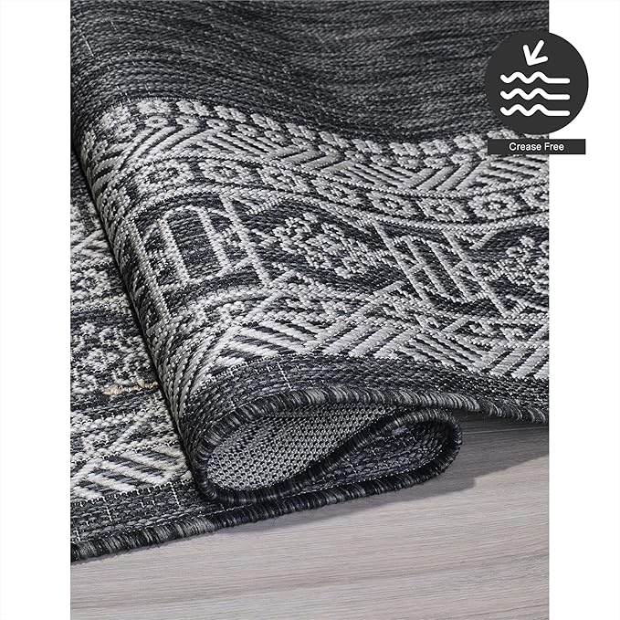 FH Home Flat Woven Outdoor Rug - Waterproof, Easy to Clean, Stain resistant - Premium Polypropylene Yarn - Bordered Moroccan - Patio, Deck,Porch,Balcony,Laundry - Accra - Charcoal - 3ft 11in x 5ft 6in