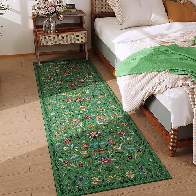 Vintage Medallion Floral Kitchen Runner 2x6, Machine Washable Rug, Soft Low Pile, Non-Slip Carpet for Hallways, Laundry, Bedroom, Bathroom, Entryway | Green