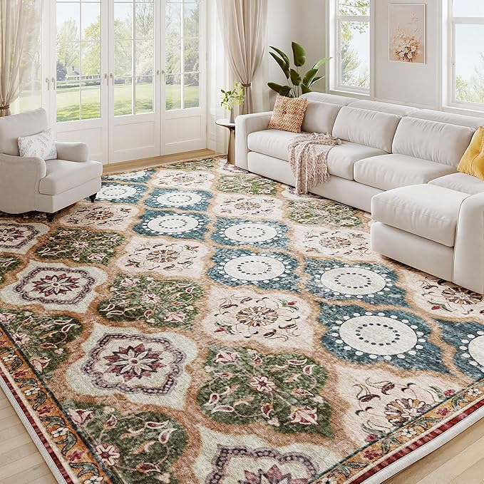 EnHomee 8x10 Area Rug, Soft Washable Rugs for Living Room Bedroom, Boho Non Slip Low Pile Stain Resistant Washable Rug Large Area Rugs for Dining Room,Easy to Clean Living Room Rug, Red & Green