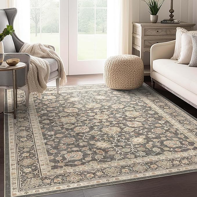 Well Woven Asha Rome Charcoal Brown 5'3" x 7'3" Area Rug - Oriental Floral Pattern, Easy Clean, Floor-Friendly Backing - for Living Room, Bedroom, and Dining Room