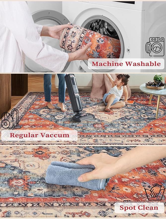 SERISSA Washable Boho Runner Rug, 2'6"x8' Non-Slip Tribal Hallway Kitchen Rug Ultra Soft Print Distressed Vintage Floor Carpet Runner for Bedroom Bathroom Laundry Living Room