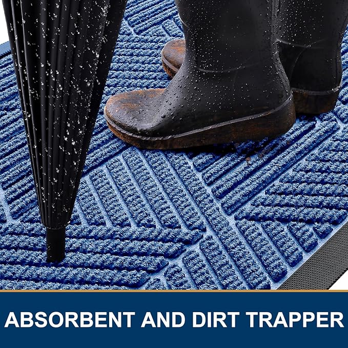 Kitinjoy Front Door Mat Outside Entrance, Sturdy Natural Dirt Trapper, Heavy Duty Rubber Doormat, Low Profile Non-Slip Backing, Easy Clean Floor Mat for Indoor Outdoor Entry, 35X23 Inch, Blue