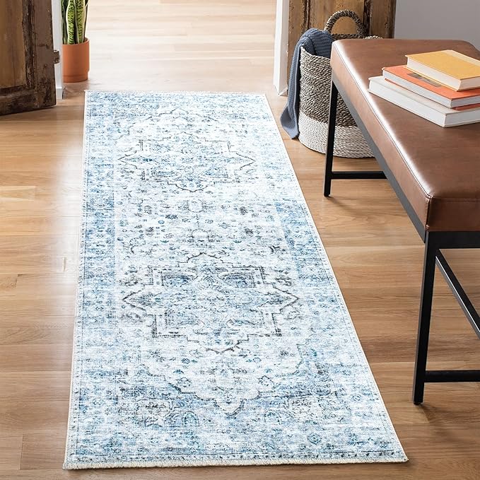 Bloom Rugs Caria Washable Non-Slip 10 ft Runner - Ivory/Blue/Gray Traditional Runner for Entryway, Hallway, Bathroom, and Kitchen - Exact Size: 2'6" x 10'
