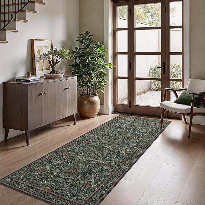Bavni Floral Hallway Runner Rug 2'6" x 8', Washable Non Skid Boho Carpet for Entryway Kitchen Laundry Room, Soft Ultra Thin Botanical Long Runner for Indoor Floor Decor, Dark Green