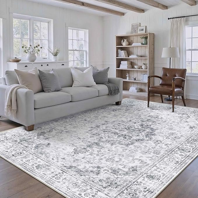HUGEAR Washable 5x7 Area Rugs Retro Grey Living Room Bedroom Rug Vintage Distressed Non Slip Stain Resistant Low Pile Neutral Throw Carpet for Home Decor