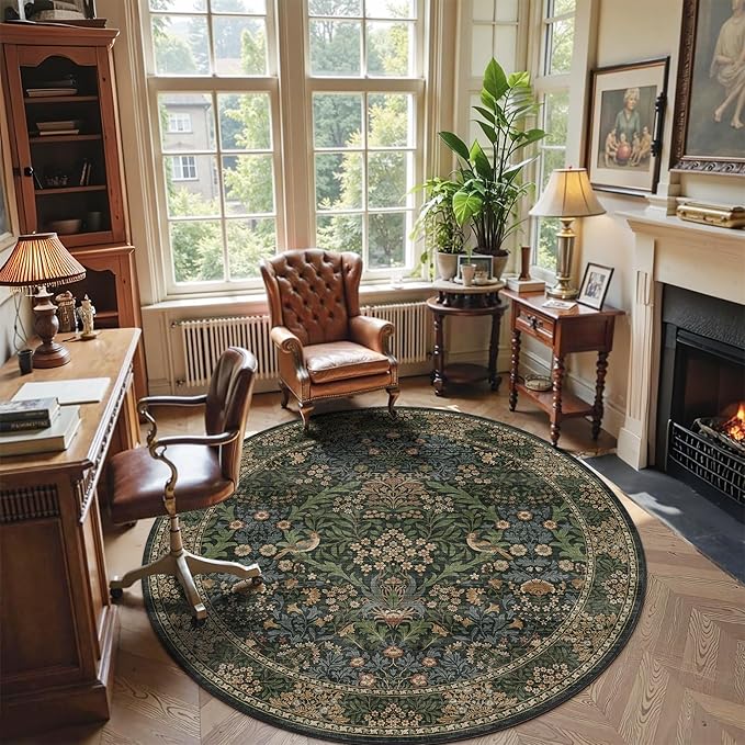 6ft Round Area Rugs for Living Room, Washable Floral Circle Rug Non Slip Low Pile, Vintage Boho Botanical Birds Throw Carpet for Farmhouse, Bedroom, Dining Room, Retro Gold/Green